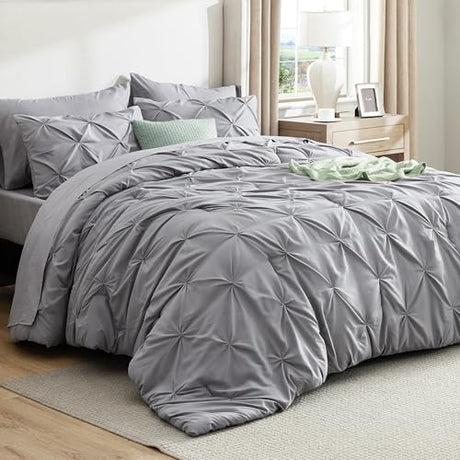 Bedsure King Size Comforter Set - Bedding Sets King 7 Pieces, Pintuck Bed in a Bag Grey Bed Set with Comforter, Sheets, Pillowcases & Shams Bedsure