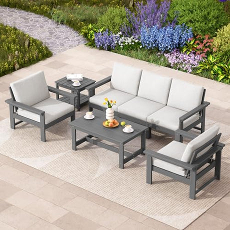 SERWALL HDPE Patio Conversation Set, 7-Piece Sectional Outdoor Patio Furniture Set, All Weather Patio Couch Set Patio Sofa Set for Deck, Lawn, Grey Frame with Khaki Cushion SERWALL