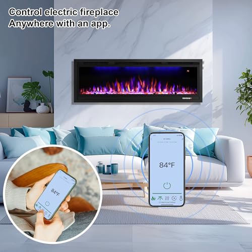 Rodalflame 74" WiFi-Enabled Electric Fireplace Insert, APP Smart Control, Wall Mounted&Recessed Linear Fireplace Heater with Thermostat, Flame&Top Lights, Log&Crystal, Timer RODALFLAME