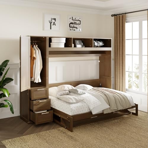 LZ LEISURE ZONE Full Size Murphy Bed, Wooden Full Cabinet Wall Bed with Closet, Drawers and Open Shelves, Antique Grey LZ LEISURE ZONE