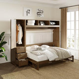 LZ LEISURE ZONE Full Size Murphy Bed, Wooden Full Cabinet Wall Bed with Closet, Drawers and Open Shelves, Antique Grey LZ LEISURE ZONE
