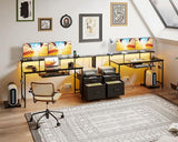 AODK 55 Inch Gaming Desk with Power Outlets & LED Light, Reversible Computer Desk with File Cabinet and Fabric Drawer, Office Desk with Keyboard Tray, Table with Full Monitor Riser and PC Stand, Black AODK