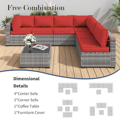 Amopatio Patio Furniture Set, Outdoor Patio Furniture Wicker Furniture, 7-Pieces Outdoor Sectional Sofa with Patio Furniture Cover, Outdoor Patio Set for Home Furniture (Light Red)