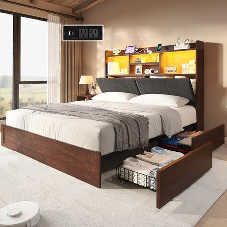 LUXOAK King Farmhouse Bed Frame with Bookcase Headboard and 4 Drawers, LED Storage Bed with Charging Station & Linen Upholstered, No Box Spring Needed, Reclaimed Barnwood LUXOAK