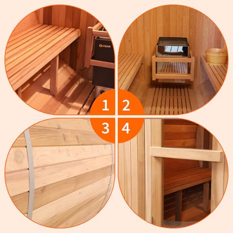 TaTalife Outdoor Barrel Steam Sauna, 3-4 Person Canadian Red ceda Wood Sauna Room, 4.5KW TOULE Electric Heater with Sauna Stone, Accessories and Asphalt Shingle Roof TaTalife