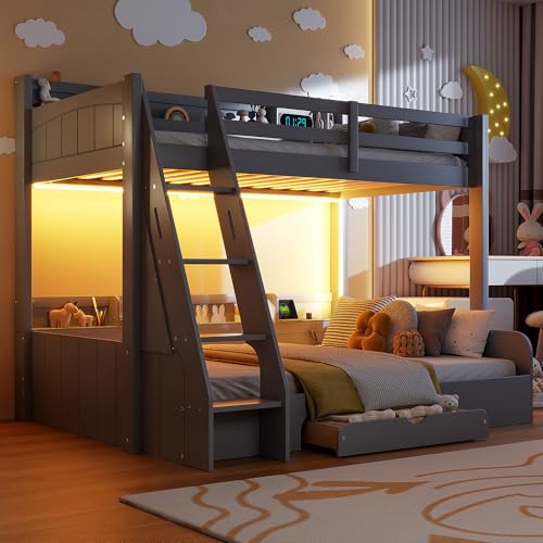 Twin over Full Bunk Bed with Storage Shelves, Wood Twin Bunk Beds with Ladder and Built-in Drawer, Multifunctional Bunk Bed Frame with Led Lights and Charging Station for Kids Girls Boys, Gray Harper & Bright Designs