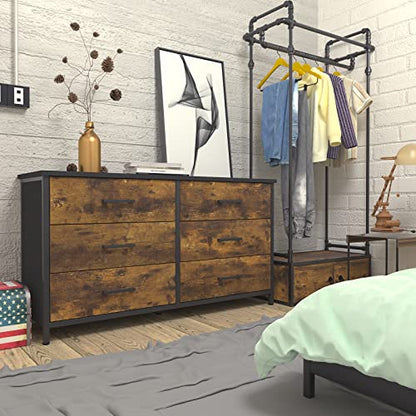 IKENO 6 Drawer Dresser, Industrial Wood Storage Dressers & Chests of Drawers with Sturdy Steel Frame, Storage Dresser for Bedroom Wood (Rustic Brown) - WoodArtSupply