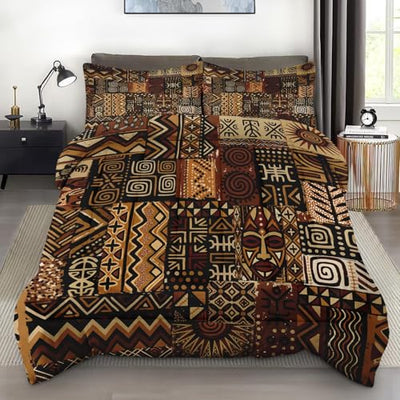 Pamnest Comforter Set Queen Size, African Floral Vintage Tribal Soft 3 Pcs Bedding for Kids and Adults, Patchwork Abstract Brown Comforter Set with Pillowcase, for Bedroom Bed Decor