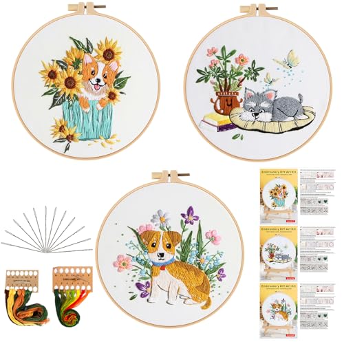 GLTAYLMY Dogs Embroidery Kit for Beginners with Pattern and Instructions,3 Pack Cross Stitch Kits,1 Plastic Embroidery Hoops,Threads and Needles,Needlepoint Kit for Adults