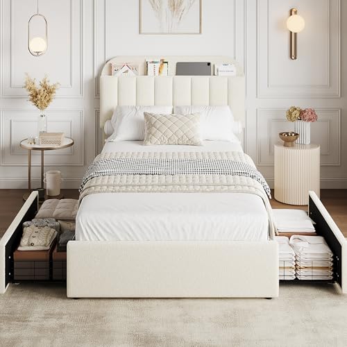 GarveeHome Twin Bed Frame with Storage Headboard, Kids Bed Frame with 2 Drawers, Boucle Upholstered Platform Bed with Bookcase, No Box Spring Needed, Easy Assembly, Ivory White GarveeHome