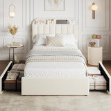 GarveeHome Twin Bed Frame with Storage Headboard, Kids Bed Frame with 2 Drawers, Boucle Upholstered Platform Bed with Bookcase, No Box Spring Needed, Easy Assembly, Ivory White GarveeHome