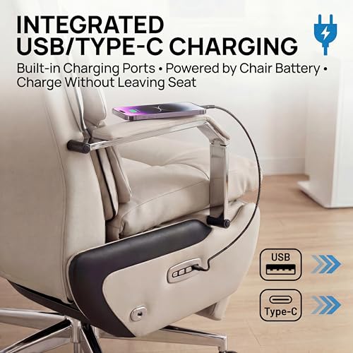 Dual Motor Executive Home Reclining Office Chair with Footrest - One-Click Electric Recline with Massage & Pillow Support Big and Tall PU Leather Ergonomic Desk Chair, High Back Wide Seat (White) COTYFLY