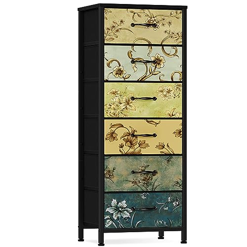 Furnulem Tall 6 Drawers Dresser, Vintage Storage Organizer Unit with Fabric Bins for Bedroom, Living Room, Closet, Nusery, Dorm, Entryway, Bedside Furniture, Sturdy Metal Frame, Wood Top - WoodArtSupply