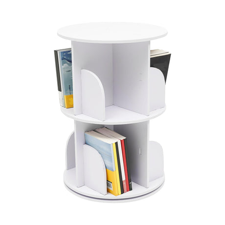 KONGKUNI 2-Tier Rotating Bookshelf Tower - Modern White 360-Degree Spinning Bookcase for Small Spaces KONGKUNI