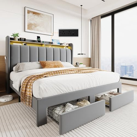 SHA CERLIN Velvet Queen Bed Frame with Vertical Channel Tufted Wingback Headboard & 2 Storage Drawers/2-Tier Shelves with LED Lights & Charging Station/Noise-Free/No Box Spring Needed/Light Grey SHA CERLIN