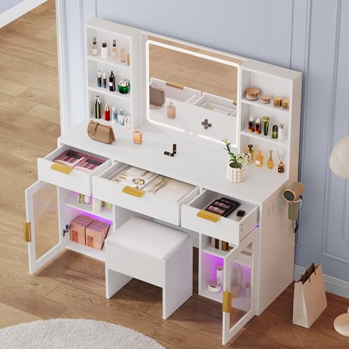 DWVO 56.3" Makeup Vanity with LED Lighted Mirror, Large Vanity Desk with RGB Glass Cabinets, Open Shelving, Built-in Power Strip & Cushioned Stool DWVO