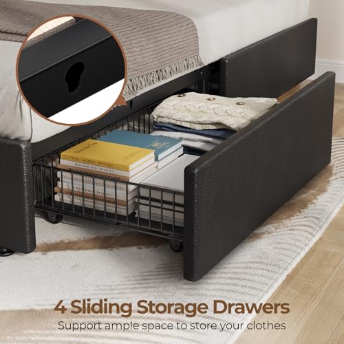 Rolanstar Twin Bed Frame with 4 Storage Drawers and Charging Station,Twin Bed with Led Lights, 2 USB & 1 Type C, Adjustable Headboard 38.9/40.8 Inches, No Box Spring Needed, Black Rolanstar