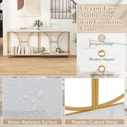 Giantex 71" Console Table, 2-Tier Extra-Long Gold Entryway Table w/Storage Shelf, Faux Marble Top, Narrow Sofa Table with Geometric Frame, Behind Couch Entry Table for Living Room, Hallway, Foyer Giantex