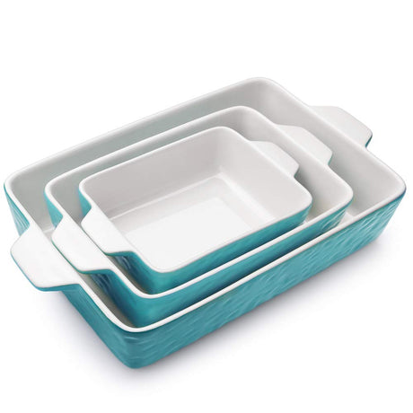 Krokori Casserole Dishes for Oven, Ceramic Baking Dishes, Lasagna Pan with Handles, Porcelain Baking Pan Deep, Bakeware for Baking, Cooking, Wedding Gift, Set of 3 (11.6" x 7.8", Aquamarine) Krokori