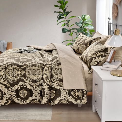 WONGS BEDDING 7 Pieces Comforter Set Queen Size,Damask Texture Design Bed in a Bag Bedding Sets,Brown Soft Lightweight Microfiber Bedding Set for All Season WONGS BEDDING