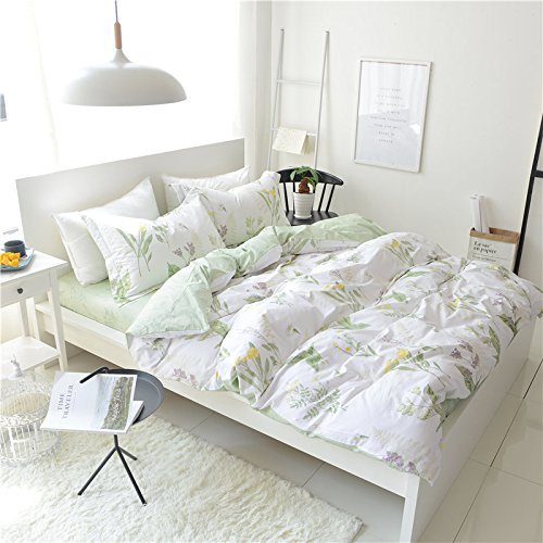 FADFAY Farmhouse Premium Shabby Green Daisy and Botanical Lavender Flowers 100% Cotton Bedding Set King Duvet Cover Set with Hidden Zipper Closure 3-Piece:1 Duvet Cover & 2Pillowcases FADFAY