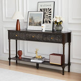 weselon 55.5" Carved Console Table with 3 Drawers, 2-Tier Sofa Table with Glossy Floral Surface and Solid Wood Legs, Mid-Century Modern Entryway Table for Living Room Hallway (Antique Black-Brown) weselon
