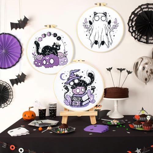 Crafmanoe Halloween Embroidery Kit for Beginners Adults, Skull Cat Stamped Cross Stitch Kit for Adult Beginner, Gothic Ghost Hand Embroidery Needlepoint Kits, 3 Set Embroidery Hoops and Video Tutorial