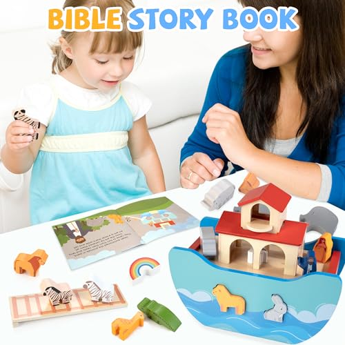 JUSTWOOD Wooden Noah's Ark Toy Animal Play Set, Bible Story Toys Baptism Gift for Boys and Girls Age 1+ Years, Baby Shape Sorter Toy JUSTWOOD