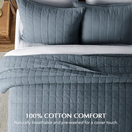 EVERGRACEHOME 100% Cotton Box Stitch Quilt Bedding Set King Size 3 Pieces, Garment-Washed Lightweight Soft Cozy Coverlet, Oversized Quilted Bedspread Sets with 2 Shams for All Season, Midnight Blue EVERGRACEHOME