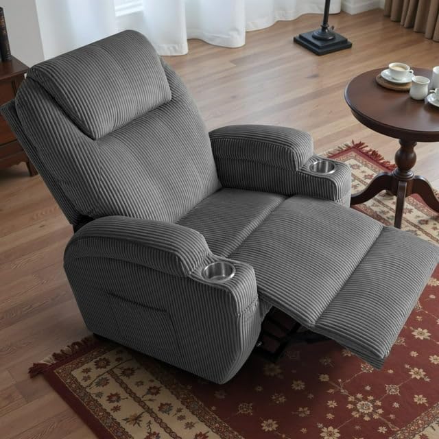 Electric Power Lift Recliner Chair with Massage for Elderly Corduroy Fabric Recliner Single Sofa with Cup Holders, Side Pockets and Remote Control for Living Room Bedroom (Gray) Furmax
