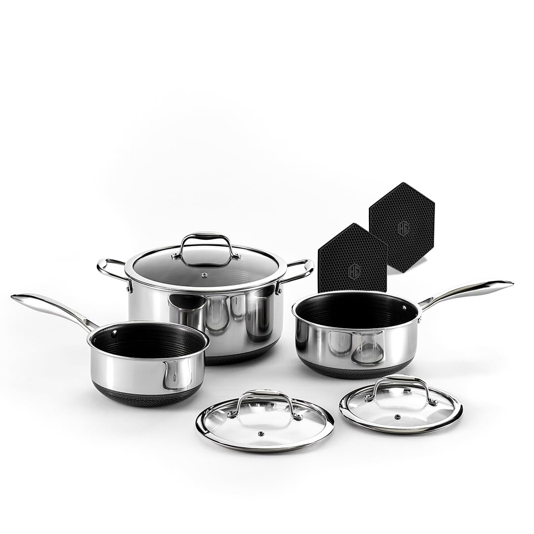 HexClad Hybrid Nonstick 6-Piece Pot Set with Trivets, 2, 3, and 8-Quart Pots with Tempered Glass Lids, 2 Silicone Trivets Included, Dishwasher Safe, Compatible with All Cooktops HexClad