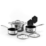 HexClad Hybrid Nonstick 6-Piece Pot Set with Trivets, 2, 3, and 8-Quart Pots with Tempered Glass Lids, 2 Silicone Trivets Included, Dishwasher Safe, Compatible with All Cooktops HexClad