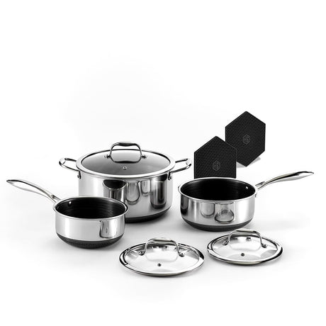 HexClad Hybrid Nonstick 6-Piece Pot Set with Trivets, 2, 3, and 8-Quart Pots with Tempered Glass Lids, 2 Silicone Trivets Included, Dishwasher Safe, Compatible with All Cooktops HexClad