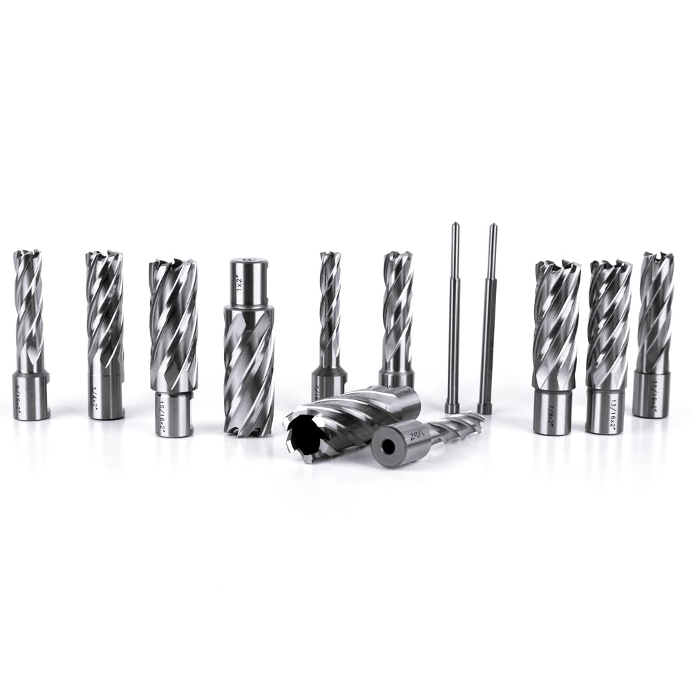 OSCARBIDE Annular Cutter Set 13pieces,2"Cutting Depth,3/4"Weldon Shank and 7/16 to 1-1/16 inch Cutting Diameter Mag Drill Bits for Magnetic Drill Press with 2pcs Pilot Pins OSCARBIDE