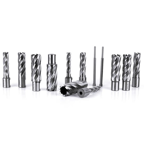 OSCARBIDE Annular Cutter Set 13pieces,2"Cutting Depth,3/4"Weldon Shank and 7/16 to 1-1/16 inch Cutting Diameter Mag Drill Bits for Magnetic Drill Press with 2pcs Pilot Pins OSCARBIDE