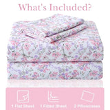 Mooreeke Cozy Vintage Microfiber Printed Queen Sheet Set - Soft Breathable Percale Cotton Floral Bed Sheets with Deep Pocket - Non-Slip Fitted Design - Pink Purple Flowers Pattern Mooreeke