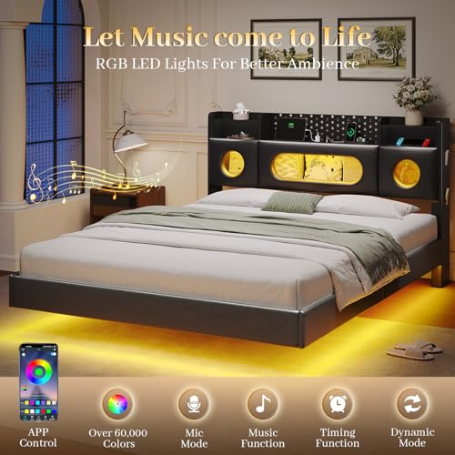 Floating Bed Frame Queen,Queen Bed Frame with Headboard & LED Light &Charging Station,Bed Frame Queen Size Leather Metal Platform Noise-Free,Floating Bed Frame No Box Spring Needed,Easy Assembly,Black BYSAUD