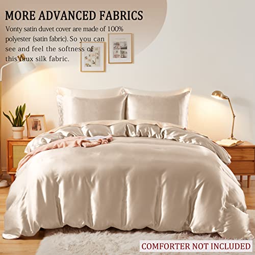 Vonty 3-Piece Silky Satin Duvet Cover Set Full/Queen Size Duvet Cover, Organic Natural 400TC Beige Duvet Cover Set - Luxury & Sexy Bedding Duvet Covers with Zipper Closure(No Comforter) Vonty