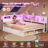 ADORNEVE Corner Bed Frame Full Size with Bookcase Storage & RGB Lights, Charging Station, Metal Daybed with 3 Drawers & 2 Open Cubbies, for Teens, Small Space, White ADORNEVE