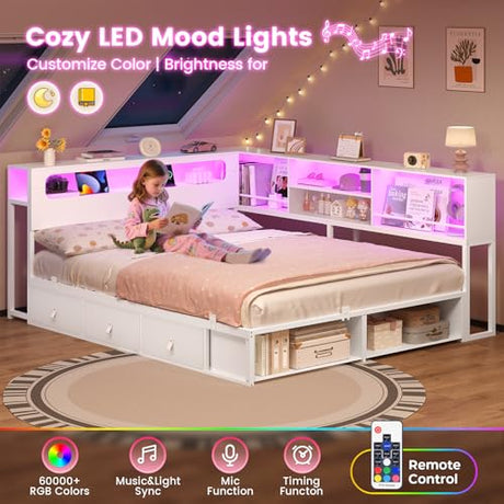 ADORNEVE Corner Bed Frame Full Size with Bookcase Storage & RGB Lights, Charging Station, Metal Daybed with 3 Drawers & 2 Open Cubbies, for Teens, Small Space, White ADORNEVE