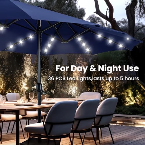 PHI VILLA 15ft Large Patio Umbrella with Solar Lights, Double-Sided Outdoor Market Rectangle Umbrellas with 36 LED Lights, Umbrella Base (Stand) Included, Navy Blue PHI VILLA