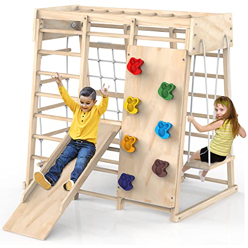Indoor Jungle Gym, Toddler Climbing Toys Indoor, Indoor Playground Climbing Toys for Toddlers, Climber Playset with Slide, Climbing Rock/Net, Monkey Bars, Drawing Board, Abacus Game and Swing PROY