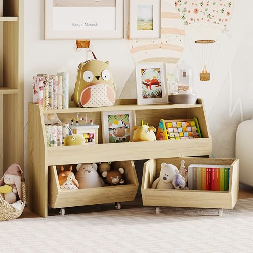 Fulhope Burlywood Toy Storage Organizer with Wheels and Drawers for Kids - WoodArtSupply