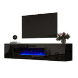 AMERLIFE Floating Fireplace TV Stand, Wall Mounted Mirrored Entertainment Center with 40" Electric Fireplace, Modern LED Lights Media Console for TVs Up to 90", Black AMERLIFE