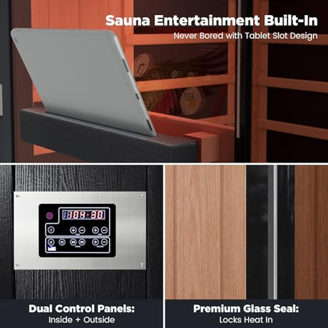 OnxyEdge 2-Person Full Spectrum Infrared Sauna, Himalayan Salt Rocks Plus 12 * 12" Red Light Therapy & 2 Built-in Speakers, 2000W - 120V Indoor Hemlock Dry Sauna with Dual LED Controls for Home & Gym EXTRAFEIN