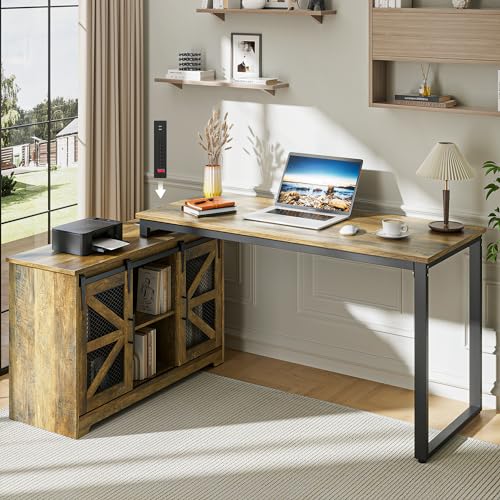 DOMICON Rustic Corner Desk with Storage, L Shaped Farmhouse Office Desk with Sufficient Storage Capacity, Built-in Power Socket and Barn Door Design - WoodArtSupply