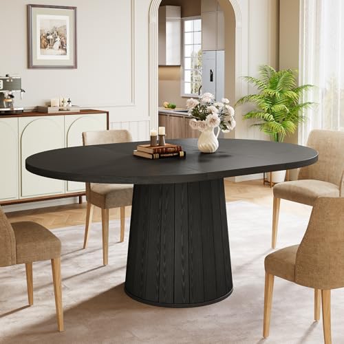 Tribesigns Oval Dining Table for 6 People, 55.11-Inch Farmhouse Kitchen Dinner Table with Cylindrical Pedestal (All Black) Tribesigns