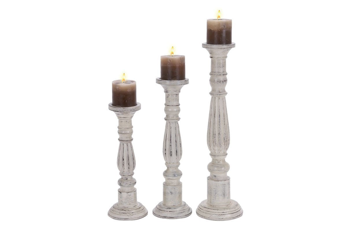 Deco 79 Mango Wood Solid Candle Holder, Set of 3 21", 17", 15"H, White Deco 79