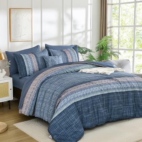 Dintszyayue Blue Comforter Set Queen Size, 8 Pieces Boho Striped Bed in a Bag Soft Microfiber Bedding Set for All Season Dintszyayue