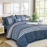 Dintszyayue Blue Comforter Set Queen Size, 8 Pieces Boho Striped Bed in a Bag Soft Microfiber Bedding Set for All Season Dintszyayue